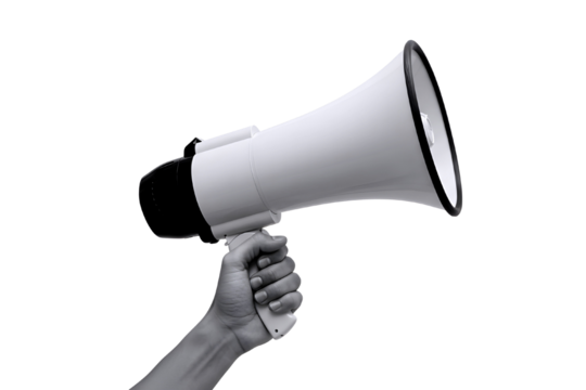 Hand holding a white megaphone announcing loudly with sound waves isolated on transparent background
