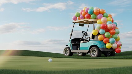 A funny golf cart overflowing with balloons sad golfer celebrates a terrible score