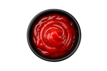 A close up of a bowl of bright red ketchup with swirling textures isolated on transparent background