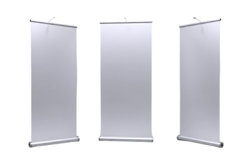 Three blank white roll up banner stands displayed side by side isolated on transparent background