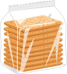 A stack of square crackers neatly packed in a transparent plastic wrap bag, ideal for illustrating snack foods, bakery products, modern packaging, or convenience foods