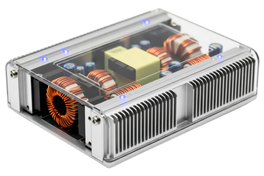 Modern car audio amplifier with a clear case and copper coils isolated with transparent background