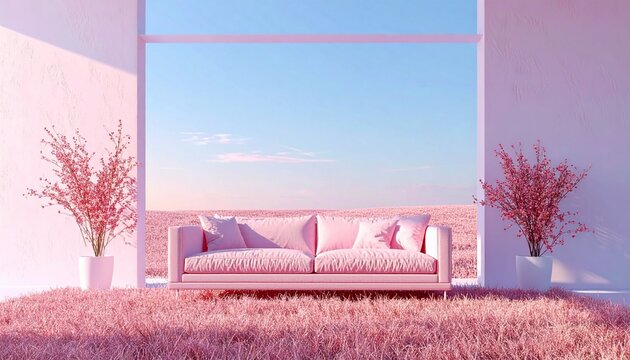 An empty room with a sofa, a window, and a view of a field. Futuristic Biophilic concept: integrating nature into the interior