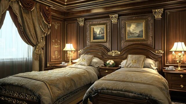 Luxurious twin beds in a classic bedroom interior