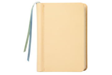 Cream colored leather bound journal with a multicolored ribbon bookmark isolated with transparent background