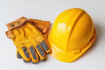 Yellow safety helmet, hard hat, tools with protective gloves on white background. Labor Day Banner. Foreman's workplace. Home And Professional Repairs, Business and Construction Industry. Copy space.