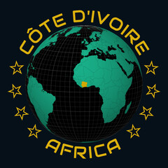 Obraz premium Cote d'Ivoire on Globe. Round country and continent name text. Country view on world map in Black Emerald color palette. Cote d'Ivoire shape on map. Neat vector illustration.