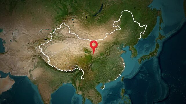 Satellite View of China with Red Marker in 4K