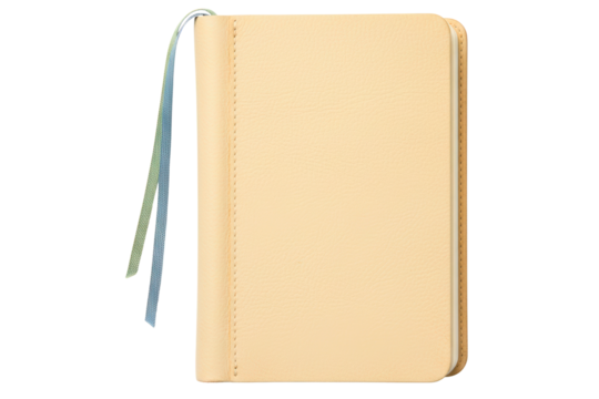 Cream colored leather bound journal with a multicolored ribbon bookmark isolated with transparent background