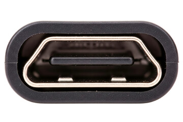 Macro view of a modern black electronics connector port isolated with transparent background