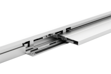 Modern aluminum guide rail system for a sliding door or drawer isolated with transparent background