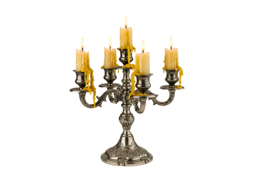 Elegant silver candelabra with lit candles isolated on transparent background