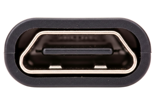 Macro view of a modern black electronics connector port isolated with transparent background