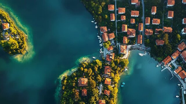 Aerial view showing village, island, and turquoise water