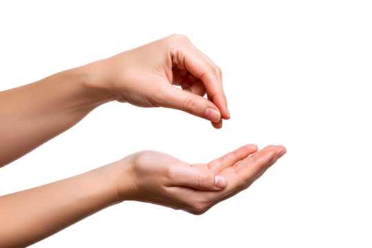 Human hands demonstrating a gesture of giving or receiving small items isolated on transparent background