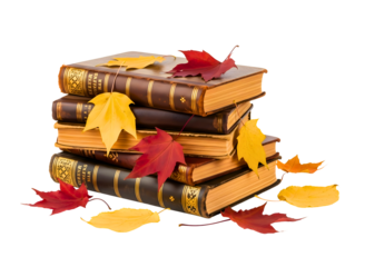 Stack of old books with autumn leaves isolated on transparent background