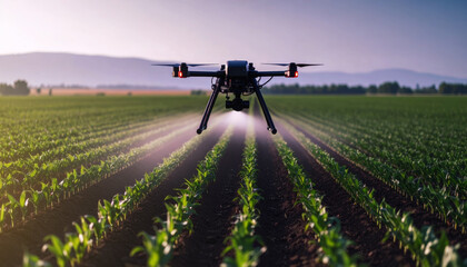 A large black agricultural drone is flying low over a field of corn, or young crops.