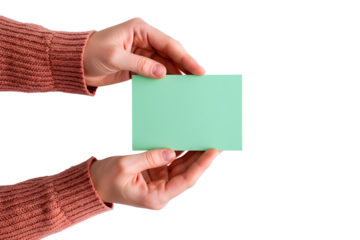Hands holding a blank light green square card isolated on transparent background