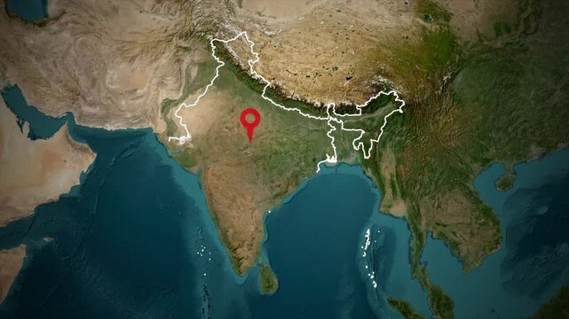 Satellite View of India with Red Marker in 4K
