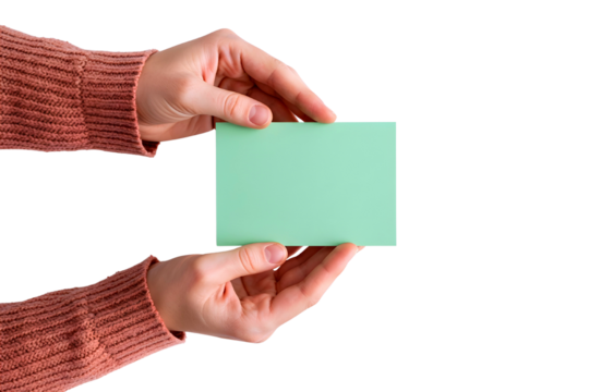 Hands holding a blank light green square card isolated on transparent background - Powered by Adobe