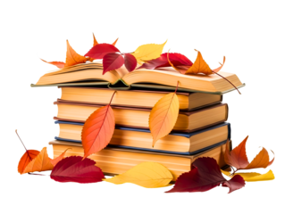 Stack of old books with autumn leaves isolated on transparent background