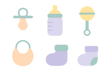 Essential baby care items collection including pacifier bottle rattle bib and booties in pastel colors