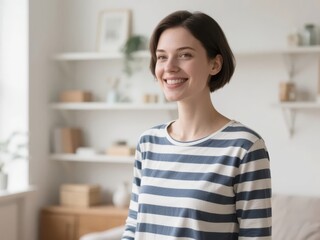A smiling woman in a striped shirt standing in a bright, cozy living room with shelves and plants in the background.