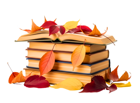 Stack of old books with autumn leaves isolated on transparent background