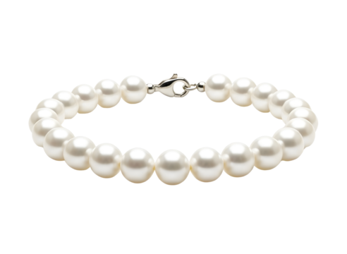 Elegant white pearl bracelet with silver clasp isolated on transparent background