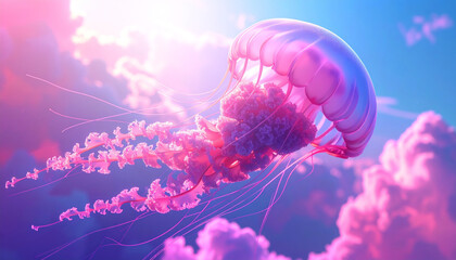 A mirage like pink and purple jellyfish with long, swaying tentacles.