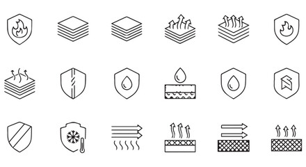A set of line art icons illustrating various material properties such as fire resistance, layering, breathability, and waterproofness, isolated on transparent background