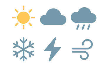 Obraz premium Essential weather forecast symbols including sun, cloud, rain, snow, lightning, and wind