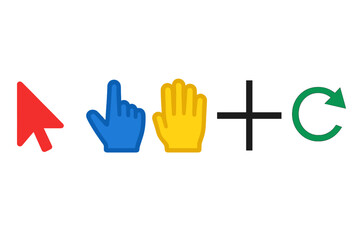 Fototapeta premium Collection of standard computer interface symbols including mouse arrow, pointing hand, grab tool, and crosshair