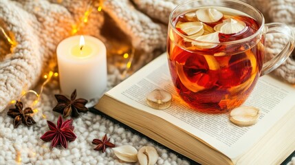 Cozy Winter Still Life: Herbal Tea, Candlelight, and Open Book on Knitted Blanket