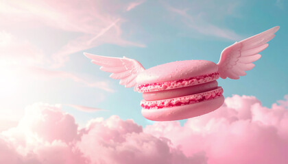 Pink macarons with pink filling and sugar flakes are flying in the bright sky.