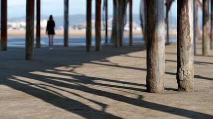 Pensive woman standing alone in solitude under derelict pier on sandy beach. Long shadows from wood pilings create minimalist view
