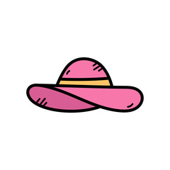 Doodle Style Pink Wide Brimmed Sun Hat with Yellow Band Perfect for Spring and Summer Outings Isolated on Transparent Background