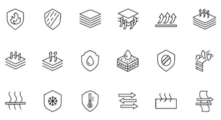 Collection of line art icons representing fabric properties like fire resistance, breathability, and waterproofing, isolated on transparent background