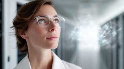 Focused caucasian woman wearing smart glass in server room looking at glowing futuristic augmented reality display with determination