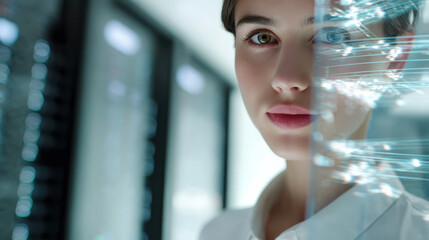 Focused professional woman engineer using futuristic hologram interface. In server room, she analyzes network data with new technology