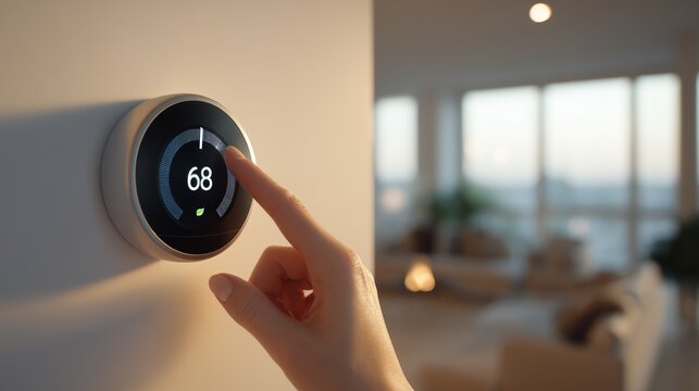 Hand adjusting smart thermostat to 68 degrees in modern living room during evening light