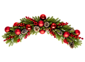 Festive christmas garland with red ornaments isolated on transparent background