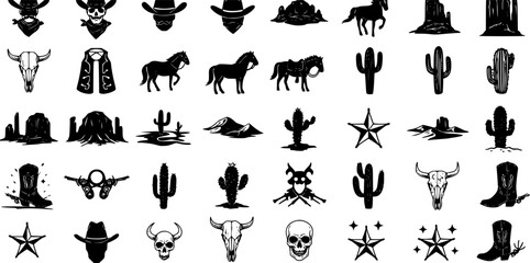 Vector set contains 45 black Western-themed icons, including cowboys, horses, desert landscapes, cacti,, skulls, boots, and stars.
