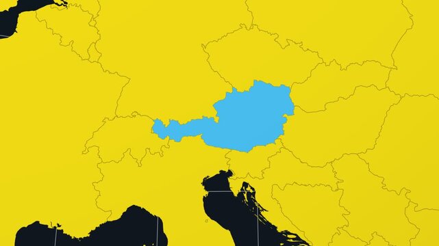 Austria map. Animated zoom into the country on the Globe in Charcoal Bright Yellow color palette. Country logo animation. Map with meridians, parallels. Neat video.