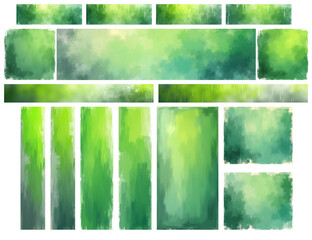 A vibrant collection of green abstract backgrounds suitable for display ads, featuring soft gradients and textured brush strokes.