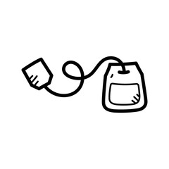 Hand drawn sketch of a tea bag with string and tag on a transparent background simple line art illustration