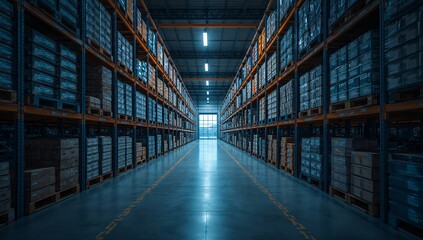 Obraz premium Inside an industrial warehouse, rows of products are stacked on shelves, illuminated by bright lights