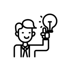 Happy Person Holding Glowing Light Bulb Symbolizing Idea Generation Innovation and Creativity in Black and White Line Art Style with Transparent Background