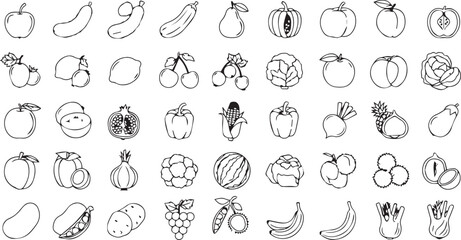 Comprehensive Collection of Outline Fruit and Vegetable Vector Illustrations, Featuring a Wide Variety of Healthy Produce Line Art Graphics and Simple Food Icons for Design Projects