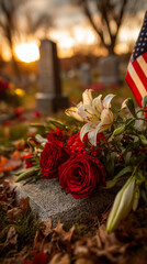 Veterans Day. Flowers at the grave. A bouquet of red roses and white lilies lies next to a headstone with an American flag against a backdrop of a row of graves.